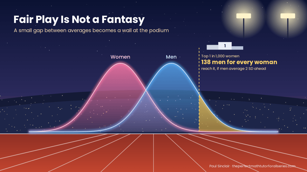 Two bell curves for women’s and men’s athletic performance over a stadium track; beyond the elite threshold, men outnumber women 138 to 1.