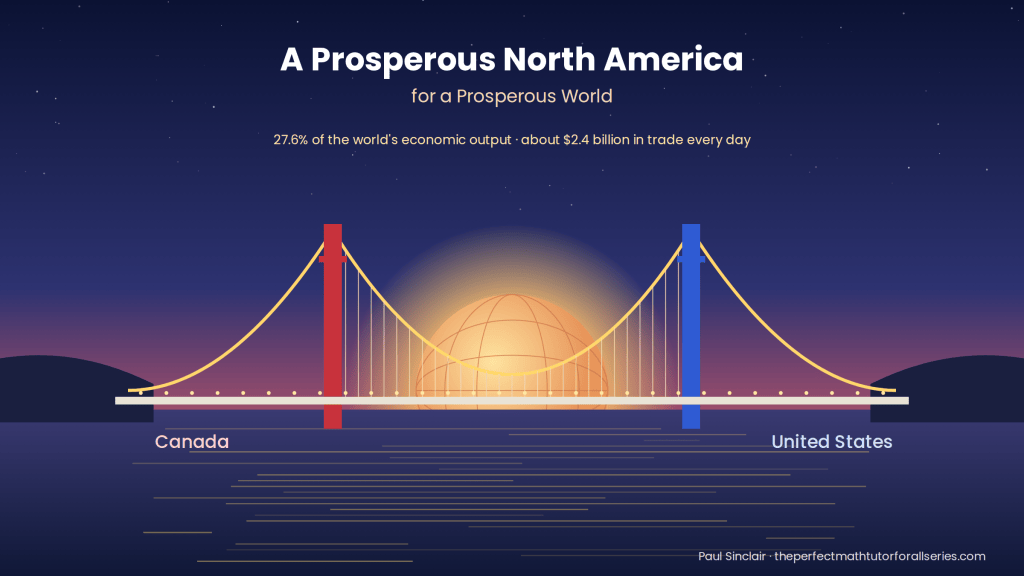 A suspension bridge linking Canada and the United States, with a glowing globe rising between them.